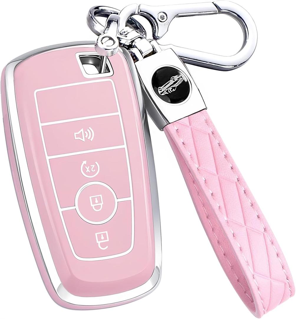 Key Fob Cover for Ford - Premium Soft TPU Shell Full Protection Case with Keychain, Fits Bronco Sport Maverick Ranger Explorer Expedition Escape Edge Mustang F150 F250 F350 Fusion, Pink 4-Button