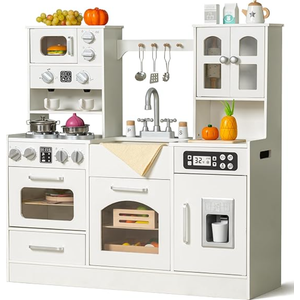 Wooden Play Kitchen for Toddlers and Kids with Lights & Sounds, Large Interactive Pretend Play Set with Ice Maker, Stove, Sink, Oven, 12 Accessories - Ages 3-8