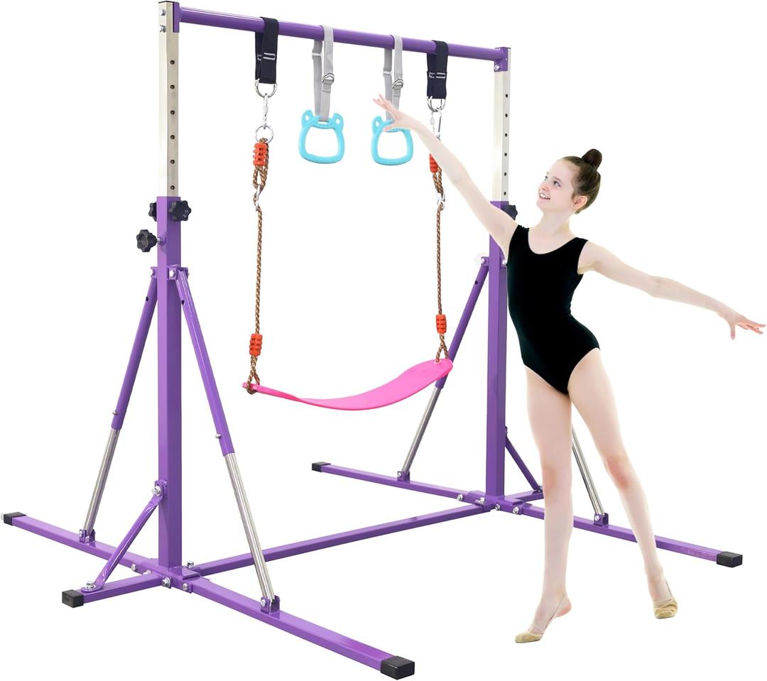Foldable Gymnastics Bar,5FT Horizontal bar,Adjustable Kids Training bar for Kids Ages 3-15,Kids Gymnastics bar,Triangle Stable Structure-Gym Equipment for Home (Purple)