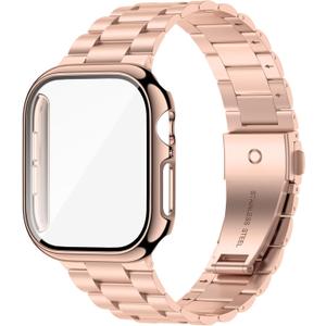 iiteeology Compatible with Apple Watch Band 42mm Series 11 Series 10, Upgraded Stainless Steel Band with iWatch Screen Protector Case for Men Women Rose Gold/Rose Gold