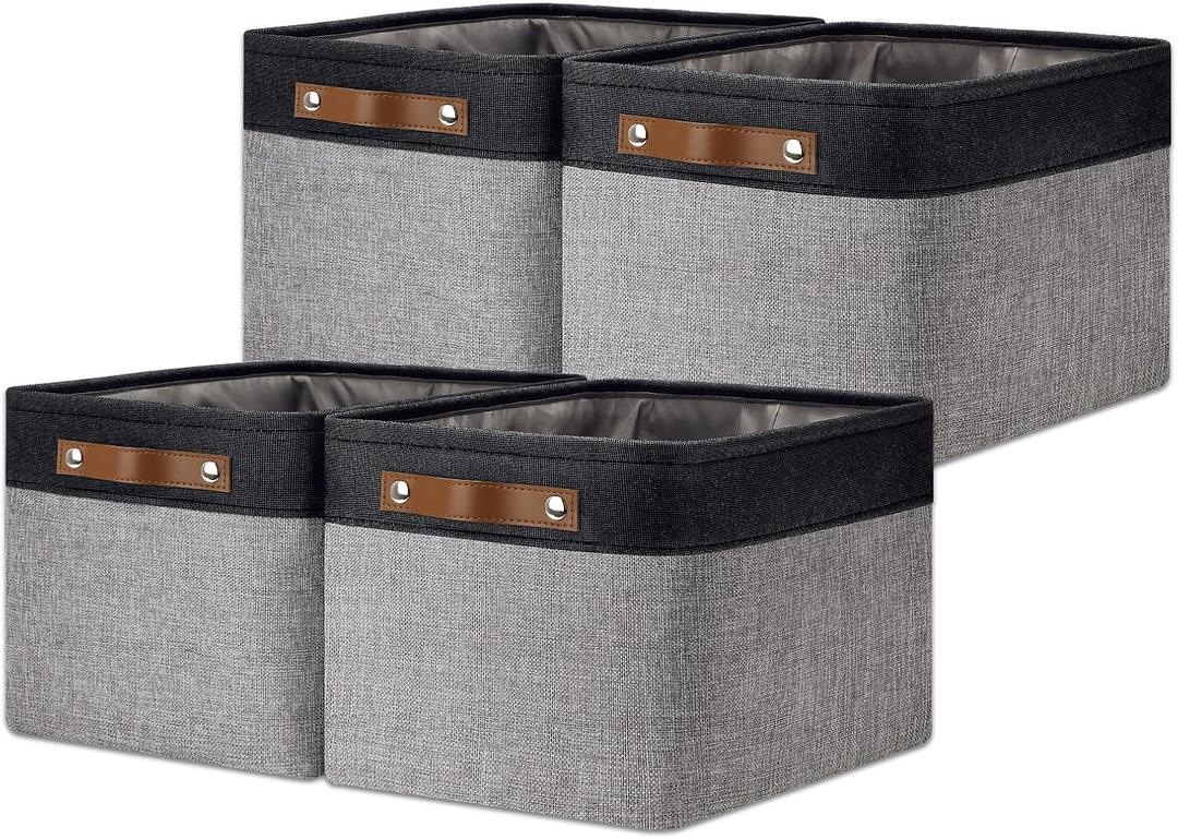 DULLEMELO Canvas Storage Bin with Handles,  Fabric Bins for Shelves, Bedroom, Office, Nursery, Fabric Storage Baskets for Toys, Clothes, Gift(Black&Grey, 15"x11"x9.5", 4-Pack)