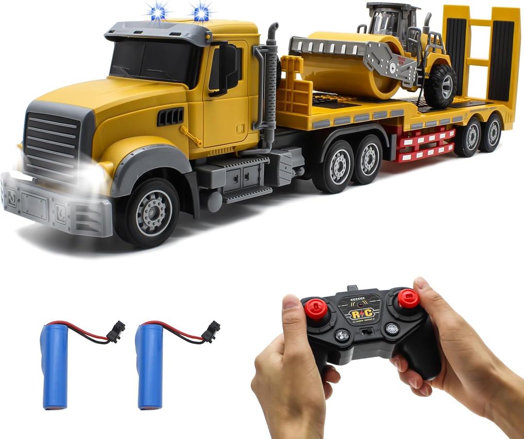 Fistone RC Semi Truck with Trailer, 1:24 RC Semi-Trailer Engineering Tractor with Sound and Lights, 2.4Ghz Remote Control Flatbed Truck with Road Roller Toys, Construction Vehicles Toy for Boys
