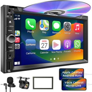 Double Din Car Stereo with Carplay & Android Auto,7 Inch HD Touchscreen Car Radio Support CD DVD Player, Bluetooth, Backup Camera, Mirror Link, SWC, Subwoofer, USB/TF/AUX Input, AM/FM Car Stereo Receiver