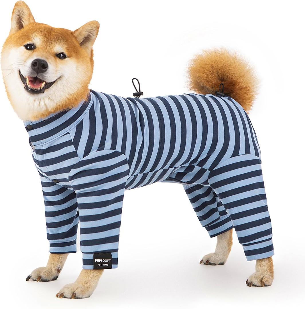 Dog Winter Warmer Fleece Onesie, Bodysuit for Small Medium Large Dogs, Stretchy Cold Weather Pet Warmer Jumpsuit Puppy Onesie Lightweight, Blue Stripe, Large
