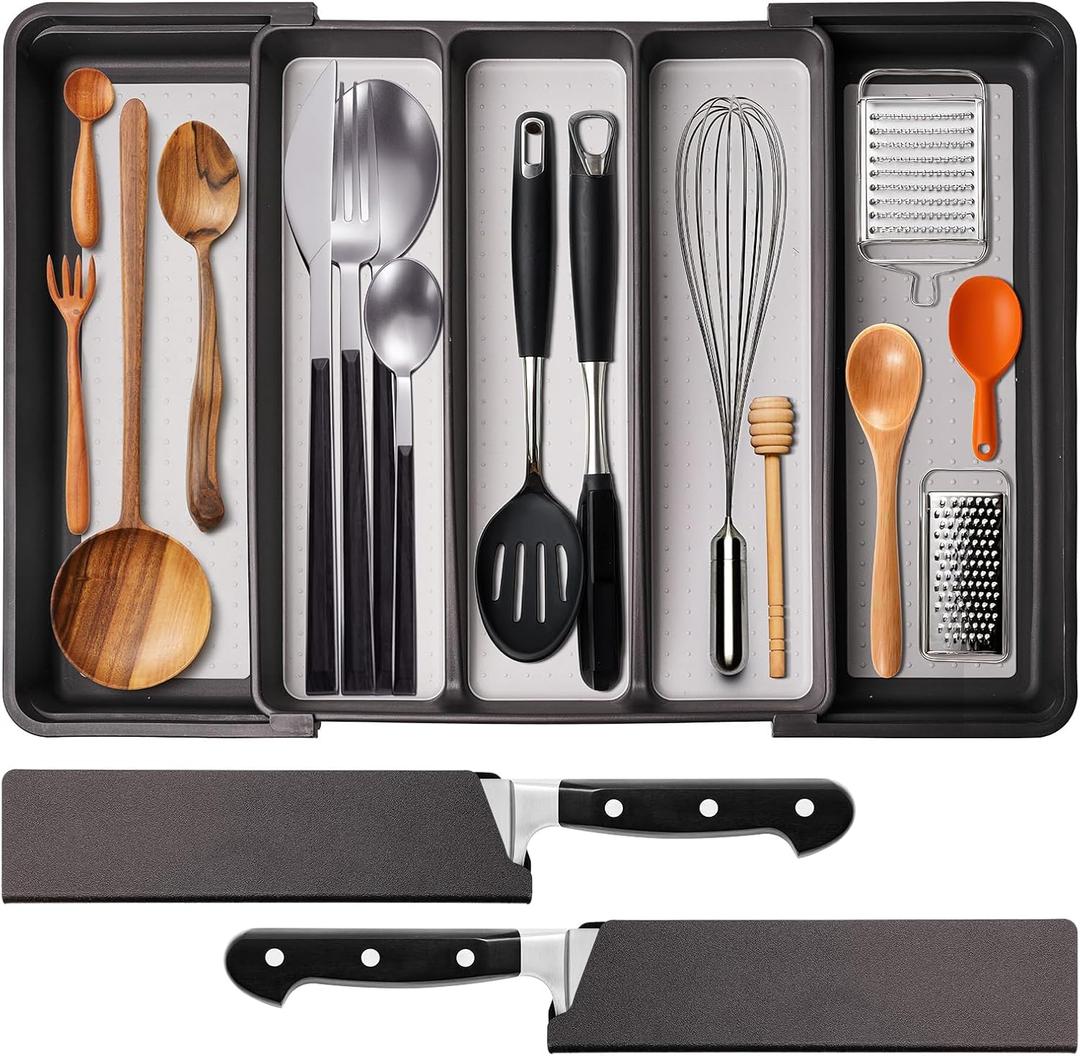 Silverware Drawer Organizer, Expandable Drawer Organizers, BPA Free Flatware and Cutlery Tray, Adjustable Plastic Storage with Anti-Slip Linner inside for Spoons Forks Knives with 2 Knife Guards, Grey Silverware Drawer Organizer, Expandable Drawer Organizers, BPA Free Flatware and Cutlery Tray, Adjustable Plastic Storage with Anti-Slip Linner inside for Spoons Forks Knives with 2 Knife Guards, Grey