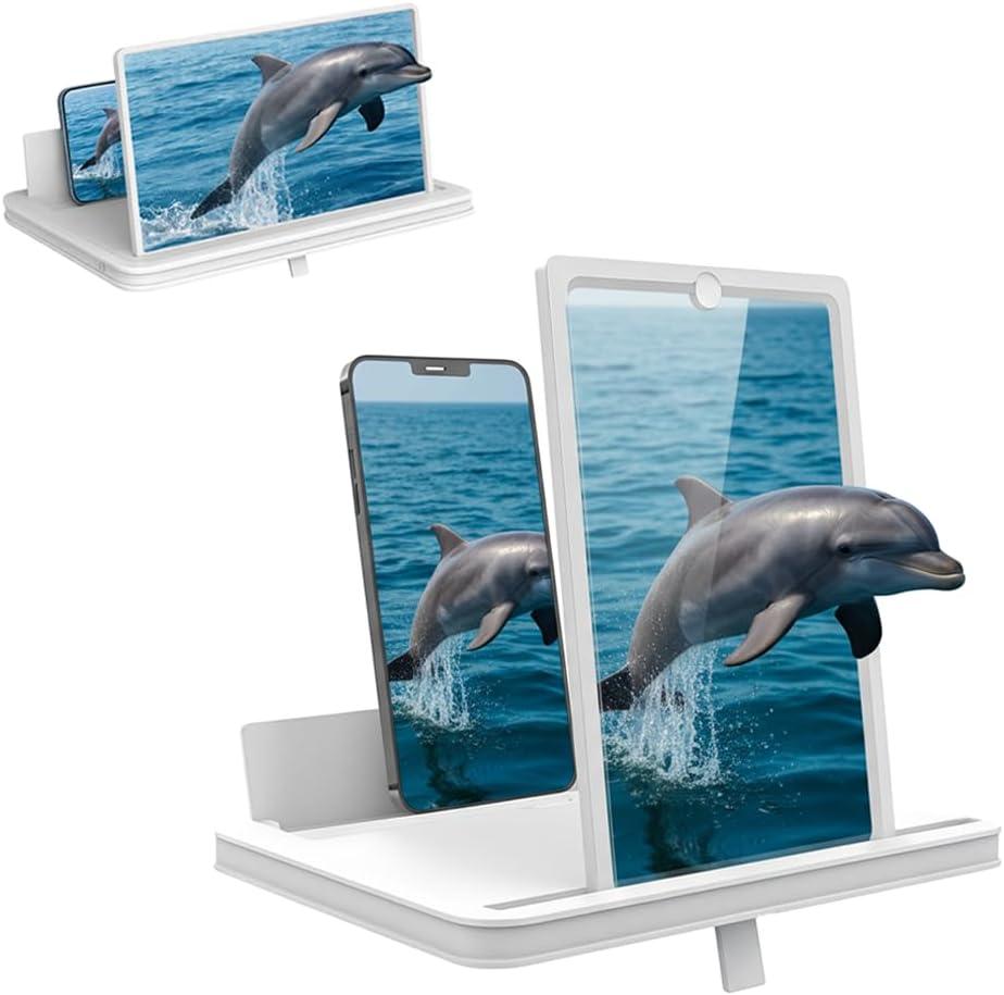 Screen Magnifier for Cell Phone with Adjustable Stand, Foldable Phone Screen Magnifier for Movies & Videos, Hands-Free Viewing, Compatible with All Smartphones (White, 12'')