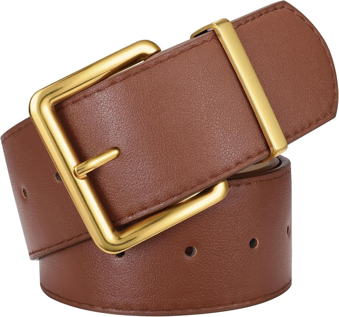 XZQTIVE Women Wide Chunky Belt for Dresses Fashion Thick Suede Belt with Gold Buckle (Fit Waist Size 28"-32", Brown(faux Leather))