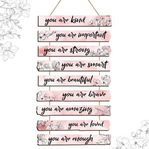 Yookeer One Set of 9 Pieces Inspirational Floral Paris Wall Decors You Are Loved Affirmations Wall Art Wooden Hanging Positive Mental Health Decors for Girls Women Bedroom(Pink)