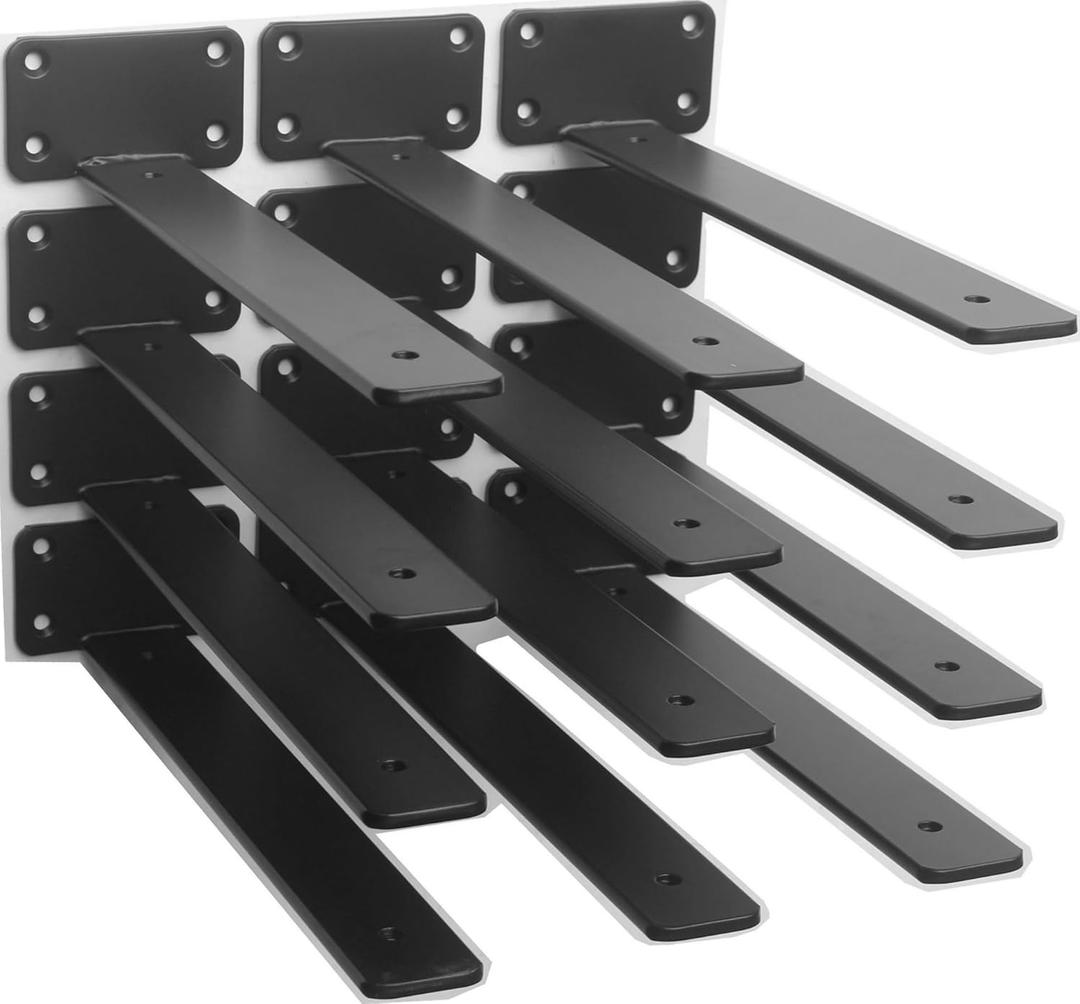 12 Pack - 10 inch Black Hidden L Shelf Bracket (1/5 Inch Thicked) Iron Floating Shelf Brackets Rustic Industrial Metal Brackets for Shelf Support