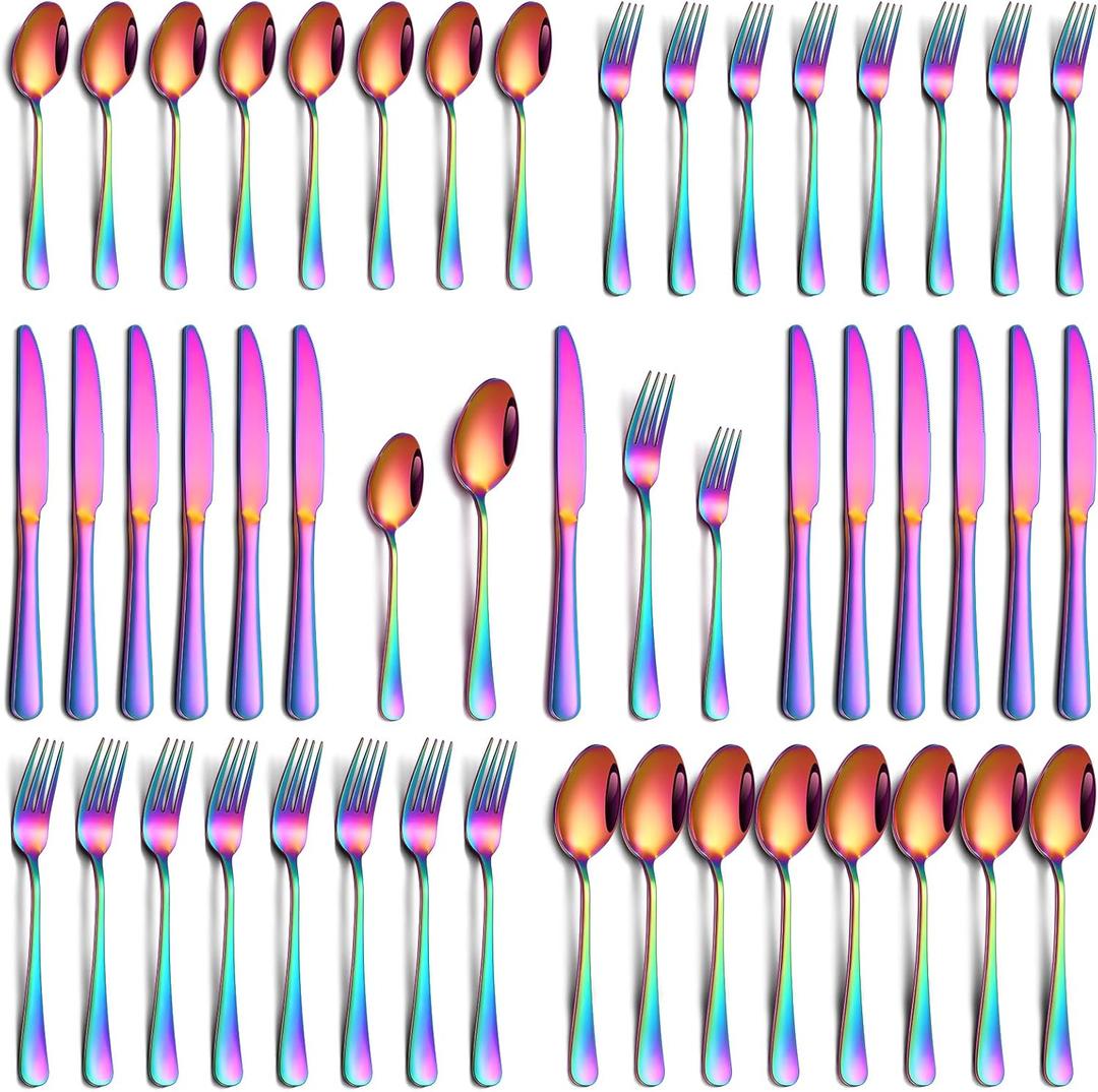 40 Piece Rainbow Silverware Set, Stainless Steel Flatware Set for 8 Colorful Cutlery Utensil Set Include Knife Fork Spoon Food Grade Mirror Polished Dishwasher Safe