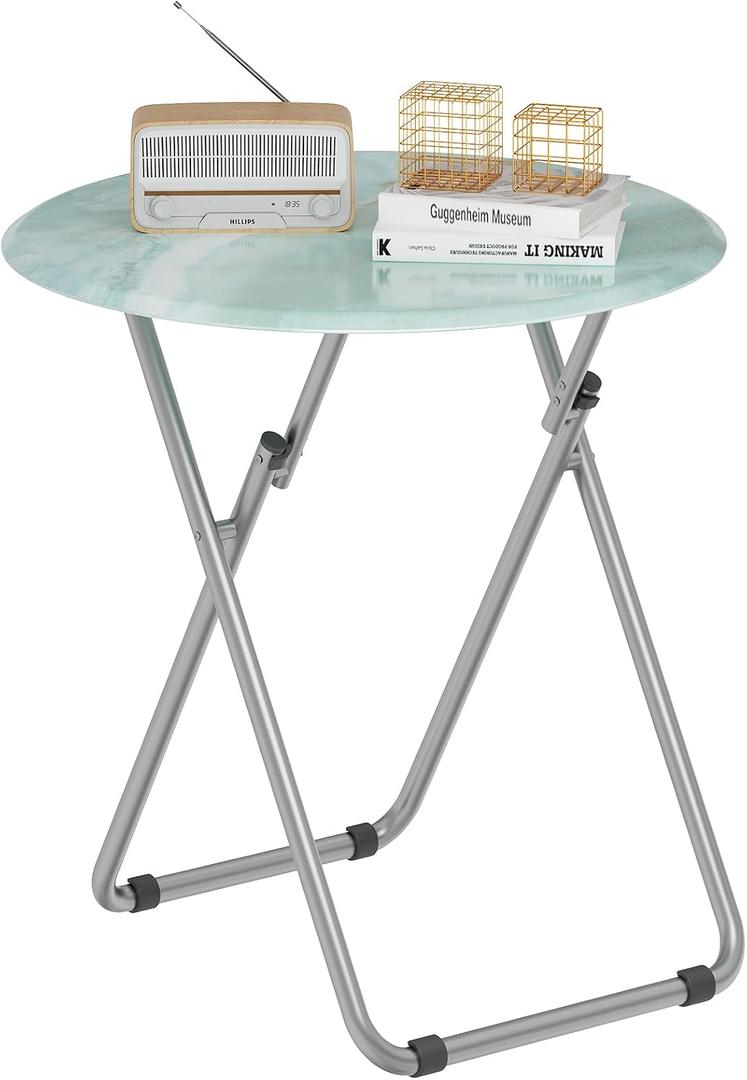 Folding TV Trays, Round Tray Table, Small Foldable Table with Light Weight, Portable Dinner Table for Eating, Snack Side Trays Table, 17.5 x 17.5 x 26 in (Ocean Blue Marble), 1pc
