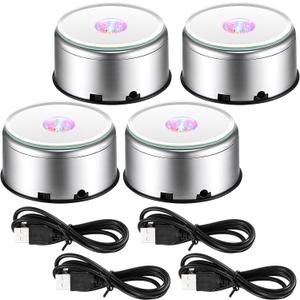 Jetec 4 Pcs 7 LED Light Base Rotating Display Stand Turner Colorful Rotating Crystal Display Base 360 Degree Display Spinner with USB Cable for Glass Art Crystals Jewelry Craft