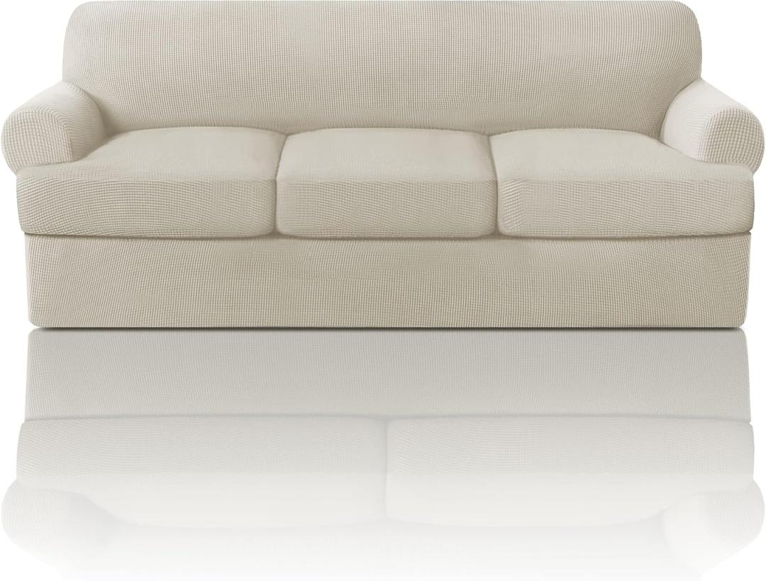PrinceDeco T Cushion Sofa Slipcover 4 Pieces Sofa Covers for T Cushion Couch Soft Sofa Slip Covers Furniture Protector with 3 Individual T Shape Seat Covers (70"-88"), Island Fossi