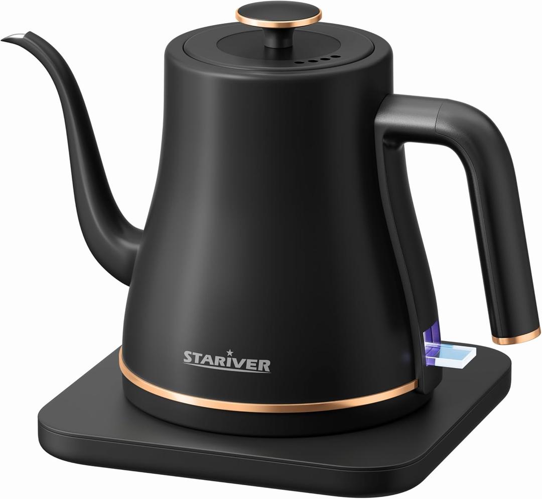 Stariver Gooseneck Electric Kettle, 0.8L Electric Tea Kettle Tea Pot, Pour Over Coffee Kettle with Stainless Steel Inner Lid & Bottom, Water Boiler with Auto Shut Off and Boil Dry Protection, Black (0.8 Quarts, Black-gold)