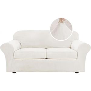 H.VERSAILTEX Real Velvet Plush 3 Piece Stretch Sofa Covers Couch Covers for 2 Cushion Couch Sofa Slipcovers Width Up to 90 Inch Feature Thick Soft Stay in Place (Sofa, Porcelain White)