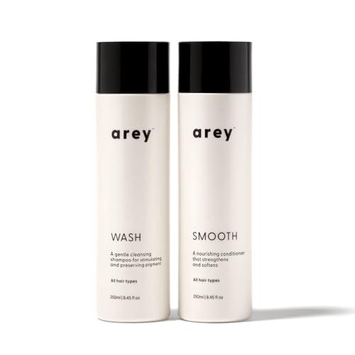 Arey Shower Duo | Wash Shampoo and Smooth Conditioner | Delay + Reduce the Signs of Aging Grey Hair | Retain Moisture, Promote Smoothness | Vegan, Gluten-Free & Cruelty Free (2 Pack, 8.45 Fl Oz each)