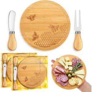 2 Set Bridal Baby Shower Prizes for Winners Honey Bee Cheese Board Party Gifts with Cheese Knive and Forks Box for Bee Baby Shower Themed Birthday Wedding Favors (Round)