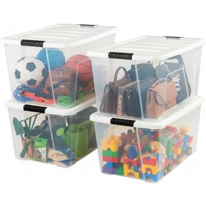 IRIS USA 72 Qt Stackable Plastic Storage Bins with Lids, 4 Pack - BPA-Free, Made in USA - See-Through Organizing Solution, Latches, Durable Nestable Containers, Secure Pull Handle - Clear/White