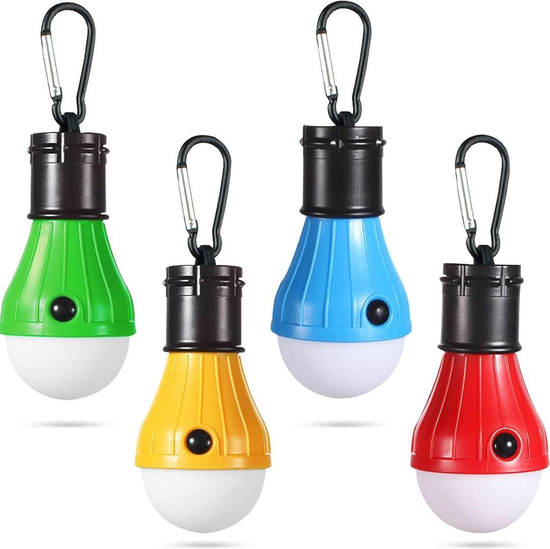 LED Camping Tent Lantern, Portable Outdoor Waterproof Emergency Light Bulb, Battery Powered with Clip Hook, Super Bright, for Hiking, PartyCamping, Fishing, Power Failure (4 Packs, Multi-Color)