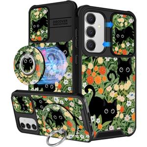 Buleens for Samsung Galaxy S24 FE Case - with Ring Stand & Camera Cover Aesthetic Cute Designed S24FE Case Women Girls Girly Kawaii Black Cat Teen for Samsung S24 FE Phone Case Compatible with Magsafe