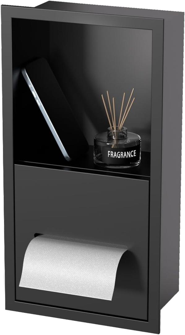 Black Toilet Paper Holder with Recessed Wall Niche for Storage,Stainless Steel in Wall Toilet Paper Dispenser with Shelf,15.9inX7.9inX4.9in (Matte Black)