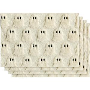 Artoid Mode Beige Ghost Halloween Placemats Set of 4, 12x18 Inch Soft Plush Faux Fur Wool Holiday Table Mats for Party Kitchen Dining Decoration