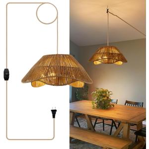 19.68" Plug in Pendant Light, 3-Light Rattan Hanging Lights with Plug in Cord, Boho Plug in Hanging Ceiling Light Fixture with Dimmable Switch, Hand Woven Wicker Hanging Lamp for Dining Room