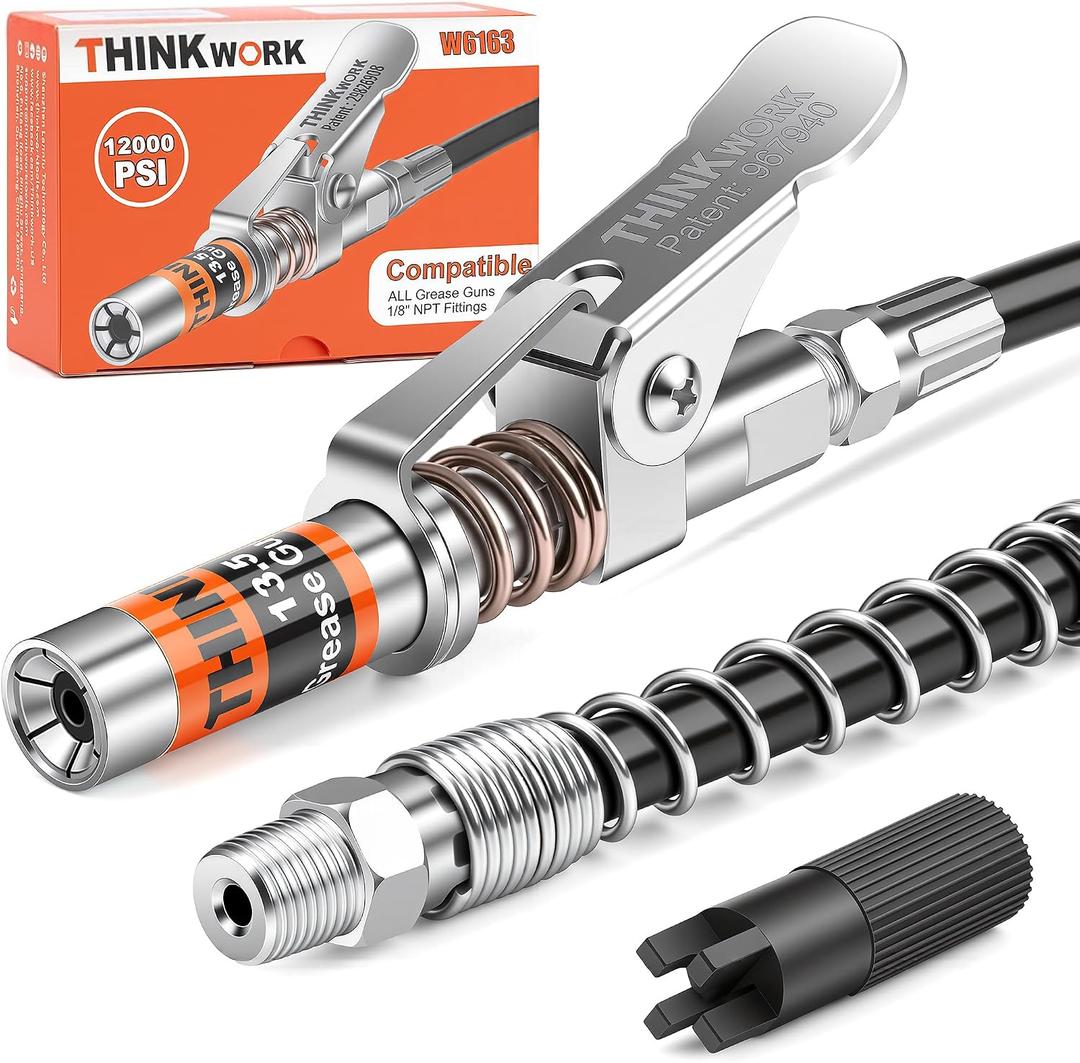 Grease Gun Coupler, Strong Lock on Greases Gun Couplers with 12" Spring Flex Hose, Cleaning Tool, 12000 PSI Quick Release Grease Coupler Compatible with All Grease Guns 1/8" NPT Grease Gun Fitting