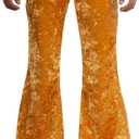 Men's Velvet Relaxed Vintage 60s 70s Bell Bottom Stretch Fit Classic Comfort Flared Flares Retro Leg Disco Pants (Gold)