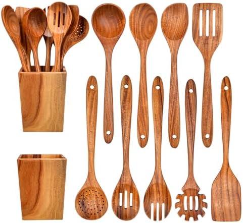 Gudamaye 13 inch Long Wooden Spoons for Cooking, 9 PCS Natural Teak Wooden Kitchen Utensil Set with Utensils Holder Made of Australia Camphor Laurel Wood，Wooden Utensils for Cooking