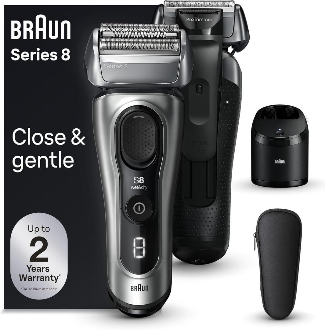 Braun Series 8 8567cc Electric Razor for Men, 4+1 Shaving Elements & Precision Long Hair Trimmer, 5in1 SmartCare Center, Close & Gentle Even on Dense Beards, Wet & Dry Electric Razor, 60min Runtime (6 Piece Set, Silver)