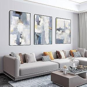 Wall Art Set of 3 Boho Natural Simple Black White for Living Room Bedroom Large Wall Art Paintings Framed Canvas painting Artworks for Office Decor, Posters&Prints Home Decor (16" x 24", Grey)