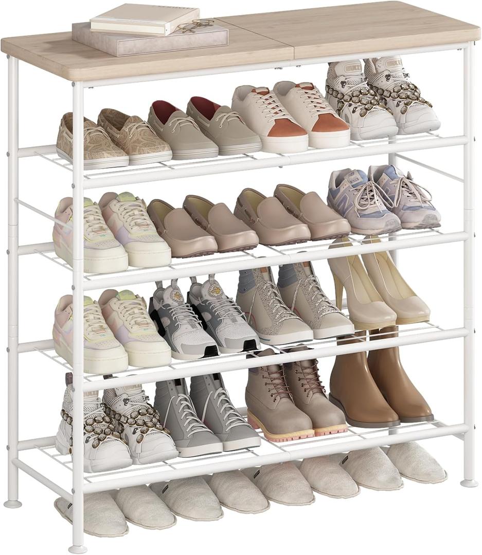 Shoe Rack Organizer 5 Tier for Closet Entryway Free Standing Metal Storage Shoe Shelf with MDF Top BoardWhite+Oak
