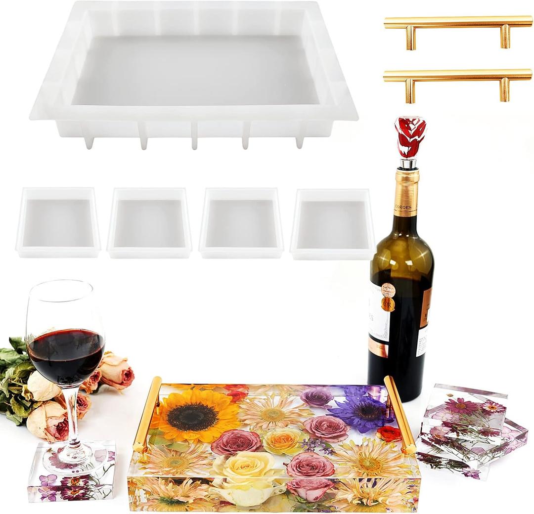Resin Tray Molds Silicone, 13.5" Large Deep Rectangle Molds for Resin with 4pcs Coasters Mold, Epoxy Casting Molds for DIY Flowers Preservation Art Making Home Dcor