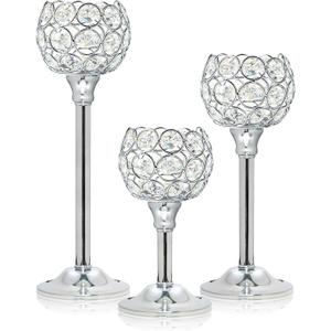 Set of 3 Silver Crystal Metal Tealight Candlestick, Bling Bowl Candelabras, Tall Votive Candle Holders Elegant Candle Centerpiece for Dining Table Wedding Decor