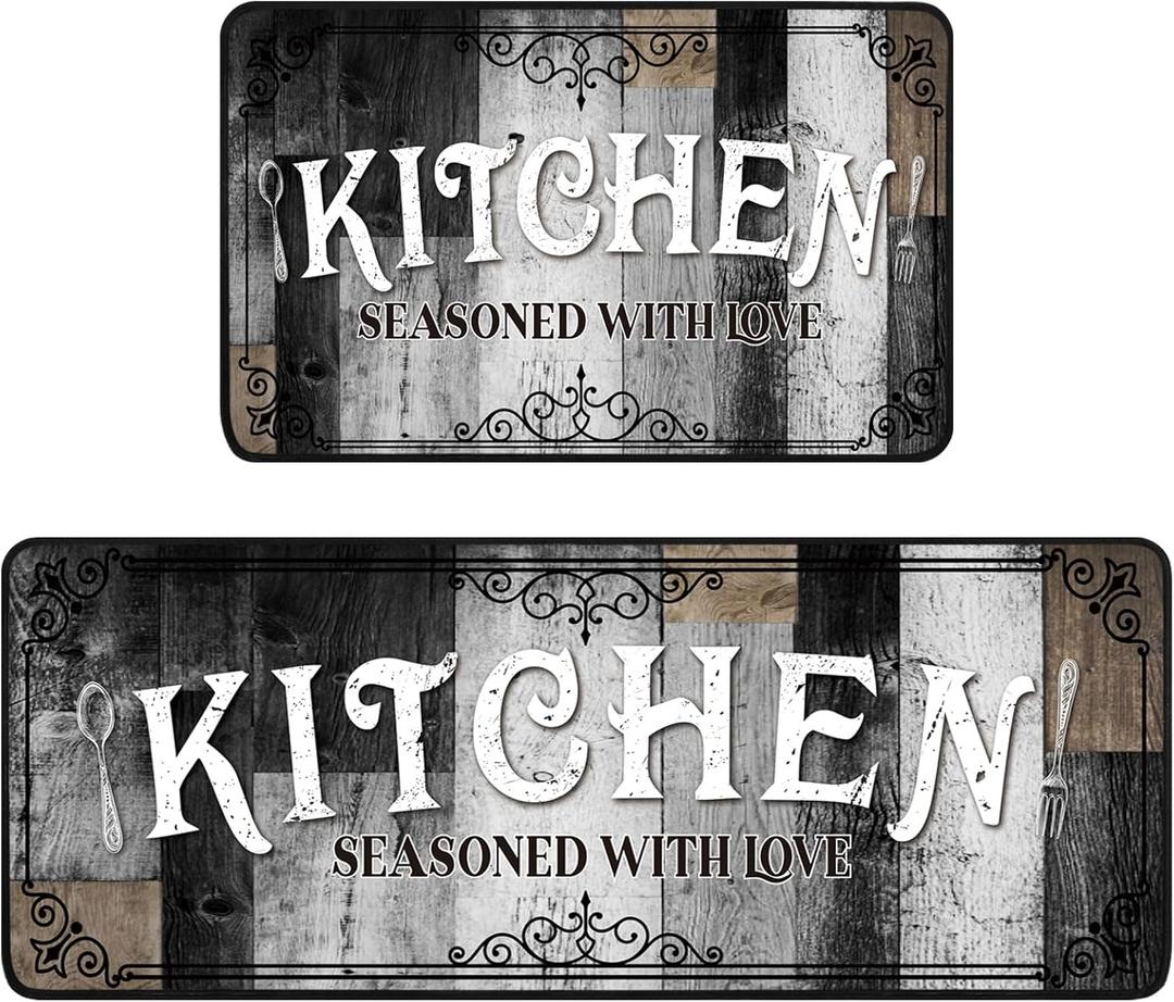 Bencailor Sets of 2 Farmhouse Kitchen Rugs and Mats Non Slip Kitchen Rugs Washable Black Brown Door Mats for Home Floor Winter Bathroom Cabin Farmhouse Decor, 29 x 17 Inch and 47 x 17 Inch (Retro Colors)