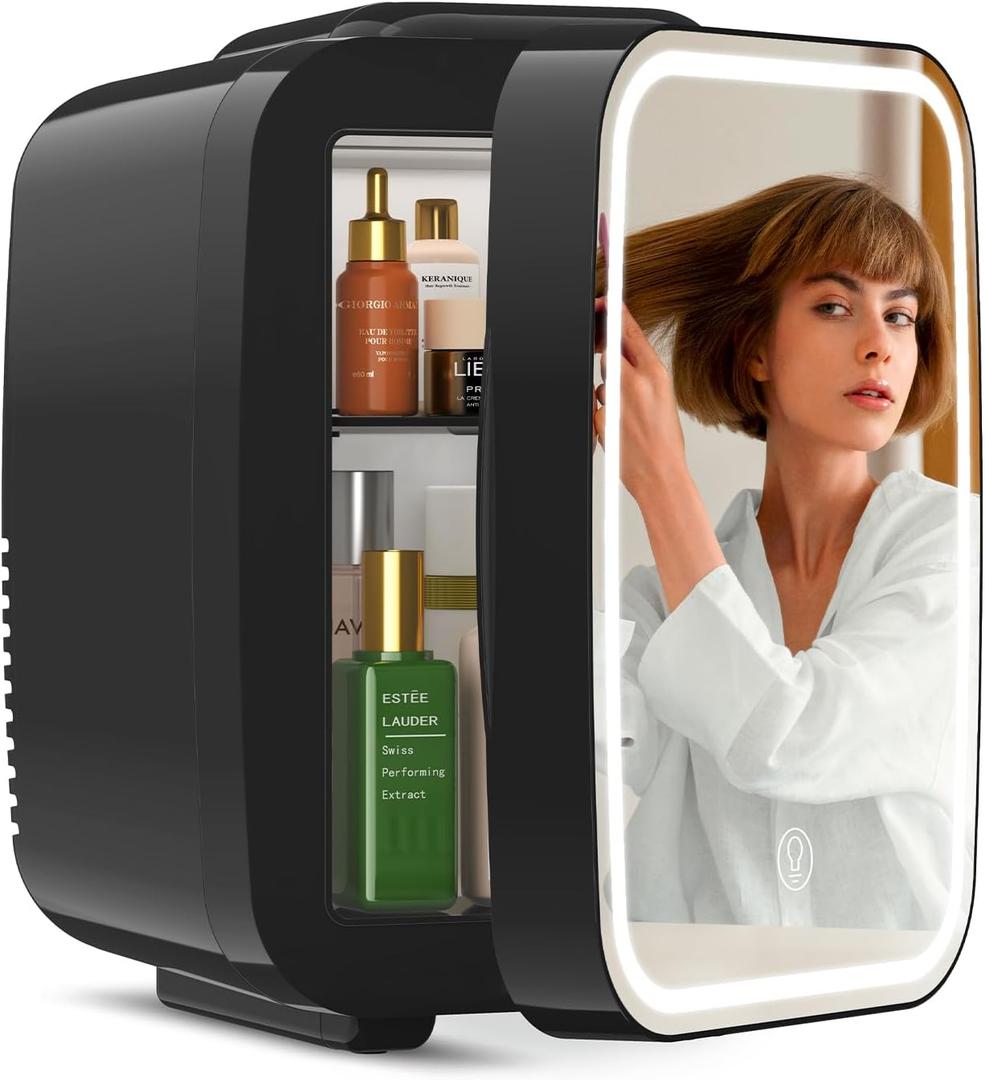 Iceblue 6L Mini Fridge with Mirror, Compact Small Fridge for Bedroom, Car, Office & Dorm, Mini skincare fridge with Dimmable LED Light Mirror for Beauty Essentials & Beverages (Black)