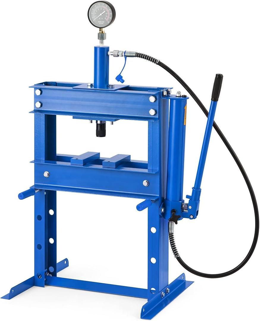 10 Ton Hydraulic Shop Press with Pressure Gauge & Plate, Heavy Duty H-Frame Benchtop Press with Height Adjustable Working Table for Auto Repair, Metalworking, Manufacturing, Blue