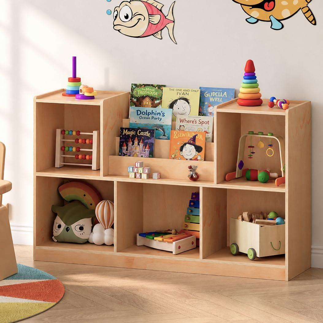 2-Tier Montessori Shelf and Toy Storage Organizer | Montessori Bookshelf; 5 Compartments; Toddler Book Organizer; Toy Storage Shelf; Kids Room Furniture; Nursery & Classroom