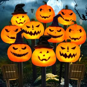 Retisee 10 Pcs Halloween Pumpkin Solar Lights Stakes Pumpkin Pathway Lights Outdoor Halloween Decoration Outdoor for Lawn Party Yard Garden Decoration