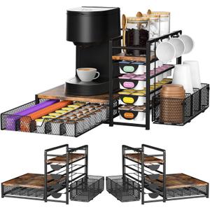Coffee Bar Organizer - 90 K-Cup Capacity, 3 Hooks, Multi-Tier Storage for Pods, Mugs & Accessories, Tea Bags & Coffee Station Organizer, Space-Saving Kitchen Countertop K-Cup Holder