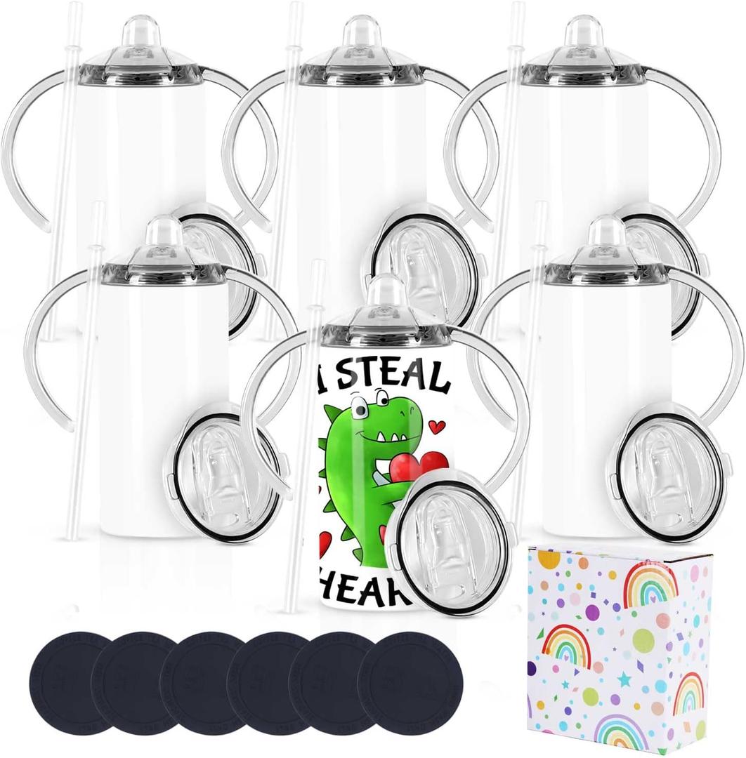 12 Oz Sublimation Sippy Cup 6 Pack, Kids Sublimation Sippy Tumblers, Stainless Steel Sublimation Todder Water Bottle (White)