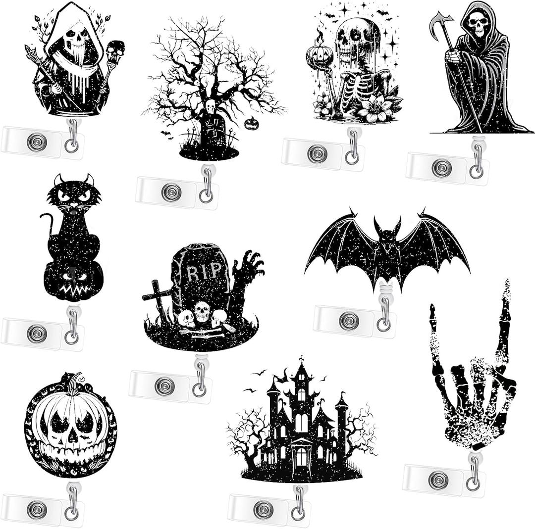 2 x Morcheiong 10 Pack Halloween Retractable Badge Holders with Swivel Alligator Clip Nurse Badge Reel ID Badge Holders Retractable Clip for Students Teachers Office Workers