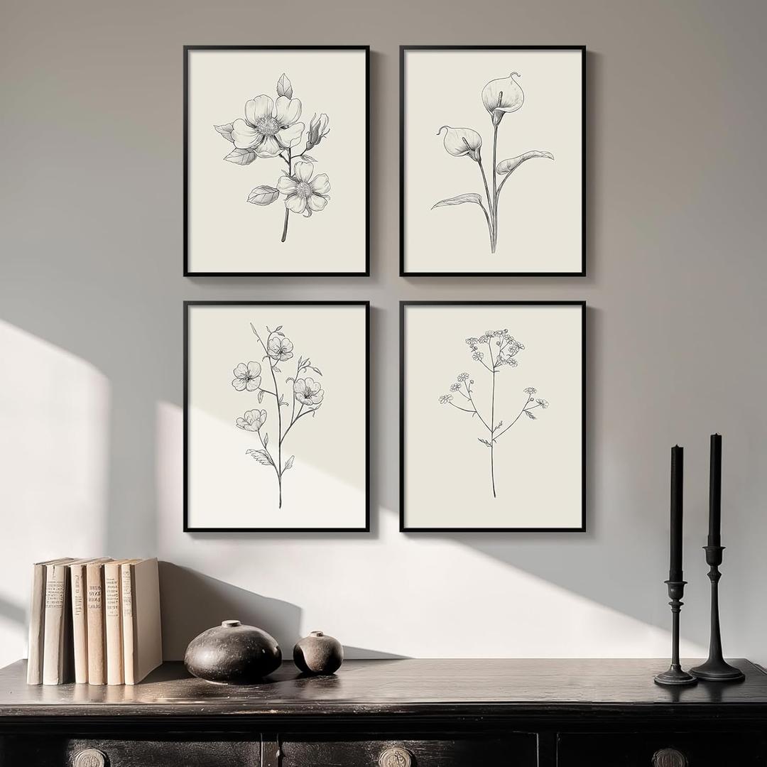 Framed Black and White Floral Wall Art, 4 Piece Vintage Gray Botanical Canvas Prints Painting Artwork, Minimalist Neutral Flower Pictures for Farmhouse Bedroom Living Room Bathroom Home Decor, 11x14