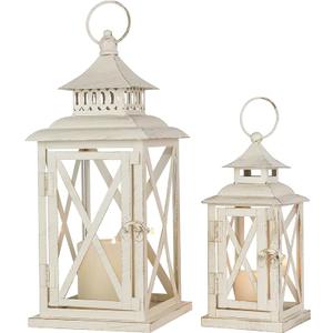 Lanterns Decorative Outdoor&Indoor, Set of 2 (14"&10") Beige Metal Lantern Decor with Glass, Candle Holder for Porch, Patio, Garden, Balcony, Wedding, Table Centerpiece