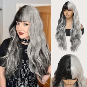 meiliprotea Long Wavy Silver Grey and Black Wig with Bangs Black Grey Split Dye Wigs for Women 26 Inches Glueless Synthetic Bangs Wig for Daily Christmas Party Cosplay Halloween Use (Black and Grey) (Half Black Half White)