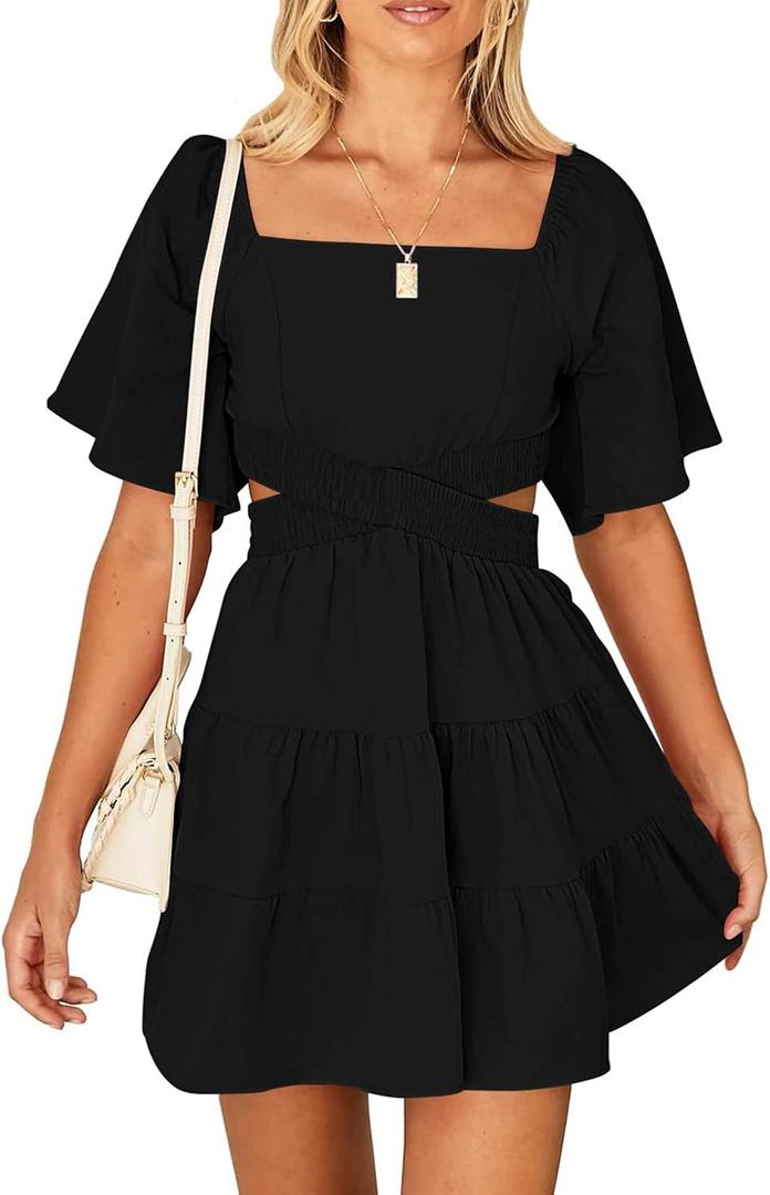 Wimsihal Women's Summer Dresses Square Neck Casual Short Sleeves Elastic Waist Party Mini Dress (Black, M)