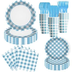 175-Piece blue Gingham Party Supplies Set | Disposable Plates, Napkins, Cups, Cutlery for 25 Guests |Stylish Wedding Birthday Party Decorations (blue)