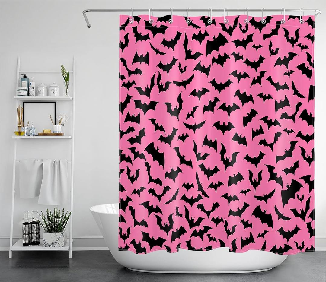 EOBTAIN Halloween Shower Curtain Horror Scary Black Bats Modern Simple Shower Curtains Black and Pink Shower Curtains for Bathroom Decor Fabric Durable 10 Hooks 60X72Inches
