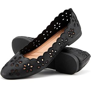 Women's Ballet Flats Black PU Leather Dress Shoes Comfortable Round Toe Slip on Flats with Breathable Eyelets(Black.US7.5)